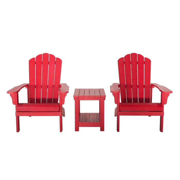 Key West 3 Piece Outdoor Patio All-Weather Plastic Wood Adirondack Bistro Set, 2 Adirondack chairs, and 1 small, side, end table set for Deck, Backyards, Garden, Lawns, Poolside, and Beaches, Red