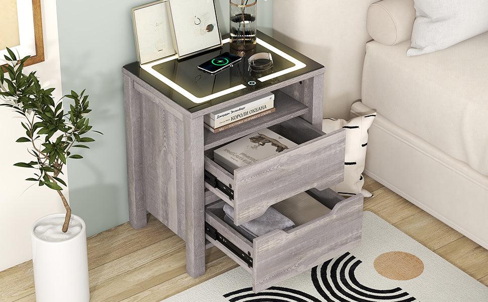 MultifunctionalStorage Nightstand with 2 Drawers and an open shelf, Wireless Charging with adjustable LED, Brown