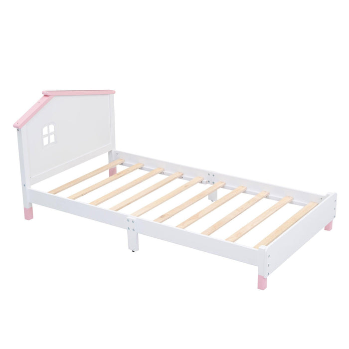 Twin Size Wood Platform Bed with House-shaped Headboard  (White+Pink)