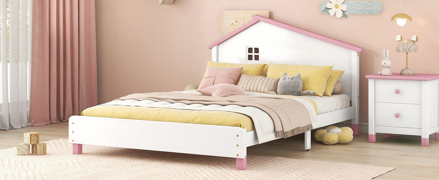 Full Size Wood Platform Bed with House-shaped Headboard  (White+Pink)