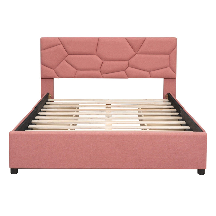 Full Size Upholstered Platform Bed with Brick Pattern Heardboard and 4 Drawers, Linen Fabric, Pink