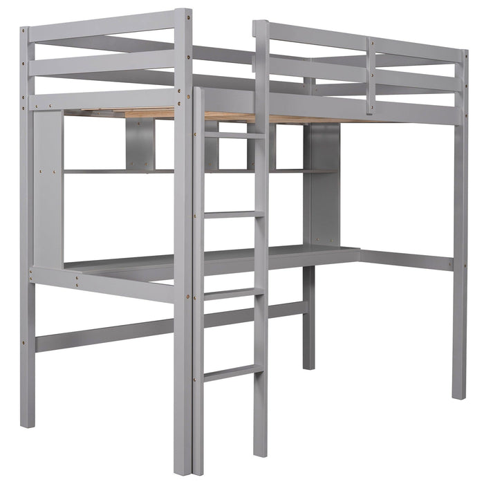 Twin Size Loft Bed with Convenient Desk, Shelves, and Ladder, White