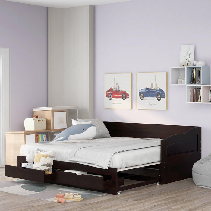 Wooden Daybed with Trundle Bed and TwoStorage Drawers , Extendable Bed Daybed,Sofa Bed with Two Drawers, Espresso