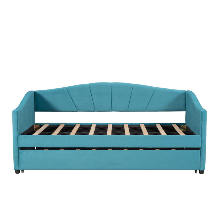 Upholstered Daybed Sofa Bed Twin Size With Trundle Bed and Wood Slat ,Blue