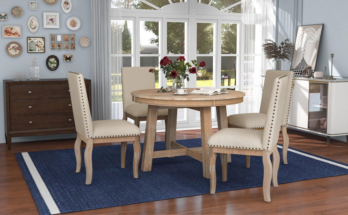 5-Piece Farmhouse Dining Table Set Wood Round Extendable Dining Table and 4 Upholstered Dining Chairs (Natural Wood Wash)