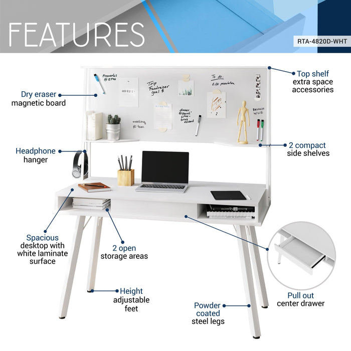 Techni Mobili Study Computer Desk withStorage & Magnetic Dry Erase White Board, White