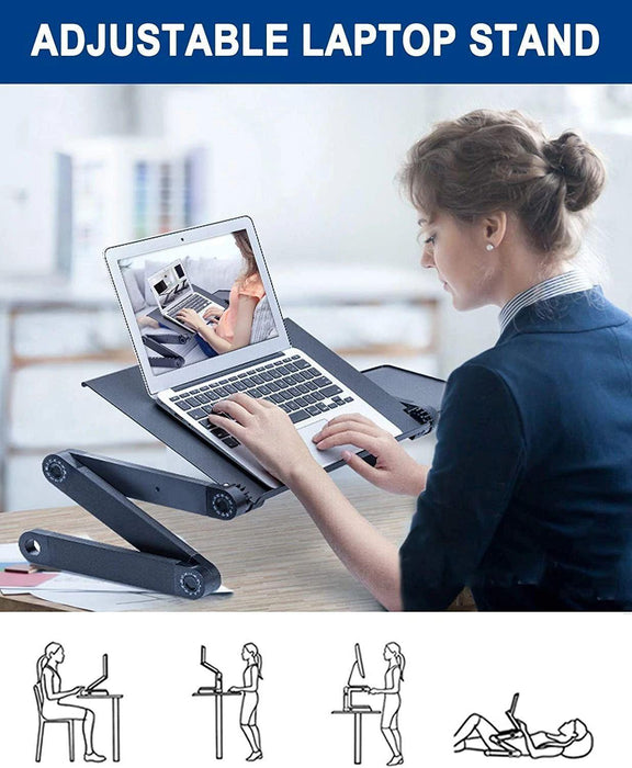 Adjustable Laptop Desk, Laptop Stand for Bed Portable Lap Desk Foldable Table Workstation Notebook Riser with Mouse Pad, Ergonomic Computer Tray Reading Holder Bed Tray Standing Desk, 2 Cooling Fan