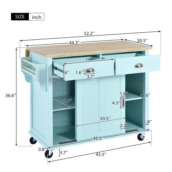 Kitchen Cart with Rubber wood Drop-Leaf Countertop, Concealed sliding barn door adjustable height,Kitchen Island on 4 Wheels withStorage Cabinet and 2 Drawers,L52.2xW30.5xH36.6 inch, Mint Green