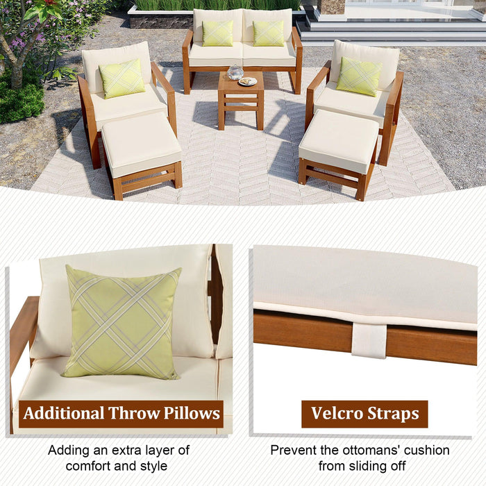 Outdoor Patio Wood 6-Piece Conversation Set, Sectional Garden Seating Groups Chat Set with Ottomans and Cushions for Backyard, Poolside, Balcony, Beige