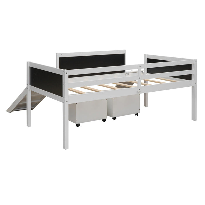 Twin size Loft Bed Wood Bed with TwoStorage Boxes - White