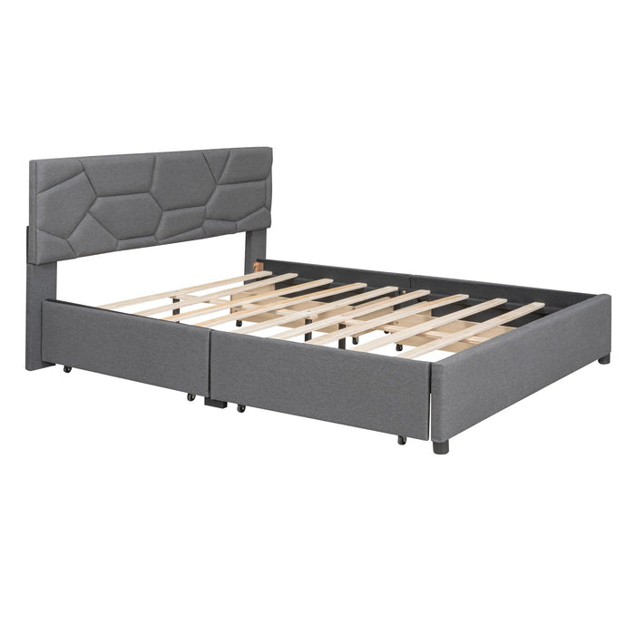 Queen Size Upholstered Platform Bed with Brick Pattern Heardboard and 4 Drawers, Linen Fabric, Gray