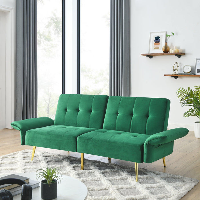 78" Italian Velvet Futon Sofa Bed, Convertible Sleeper Loveseat Couch with Folded Armrests andStorage Bags for Living Room and Small Space, Green 280g velvet