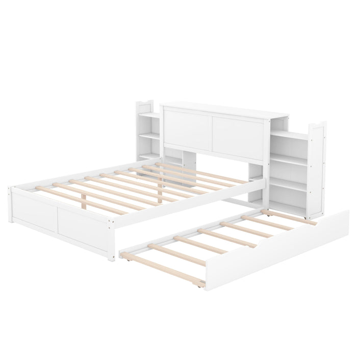 Queen SizeStorage Platform Bed with Pull Out Shelves and Twin Size Trundle, White