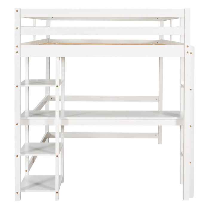 Full Loft Bed with Desk and Shelves,White