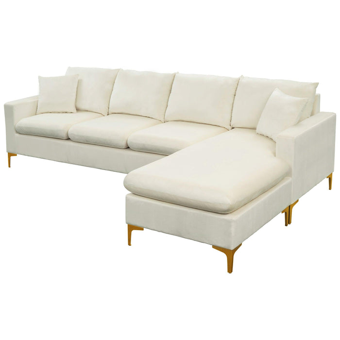 110.6" Sectional Sofa with Ottoman, L-Shape Elegant Velvet Upholstered Couch with 2 Pillows for Living Room Apartment,Cream White