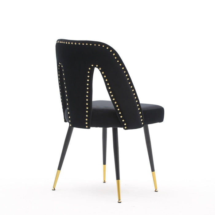 Akoya CollectionModern | Contemporary Velvet Upholstered Dining Chair with Nailheads and Gold Tipped Black Metal Legs,Black，Set of 2