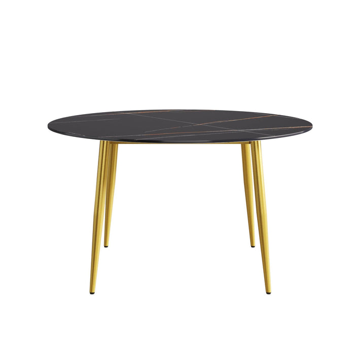 53.15 "Modern artificial stone black round dining table with golden metal legs-can accommodate 6 people.