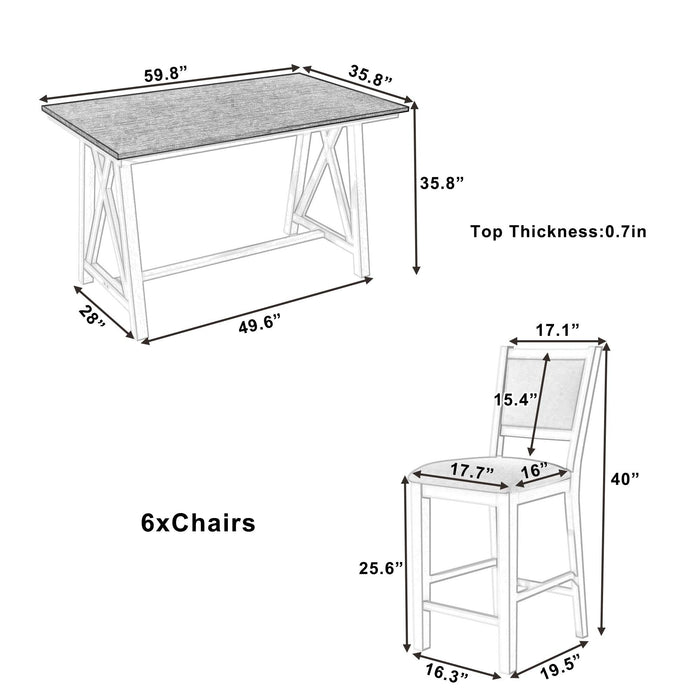 7-Piece Counter Height Farmhouse Wooden Dining Table Set, Rustic Kitchen Furniture Set with 6 Upholstered Dining Chairs, White