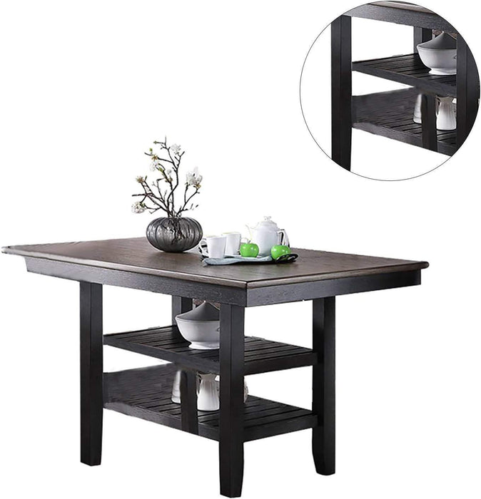 Transitional Dining Room 7pc Set Dark Coffee Rubberwood Counter Height Dining Table w 2x Shelfs and 6x High Chairs Fabric Upholstered seats Unique Back Counter Height Chairs