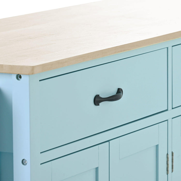 Kitchen Island Cart with 4 Door Cabinet and Two Drawers and 2 Locking Wheels - Solid Wood Top, Adjustable Shelves, Spice & Towel Rack（Mint Green）