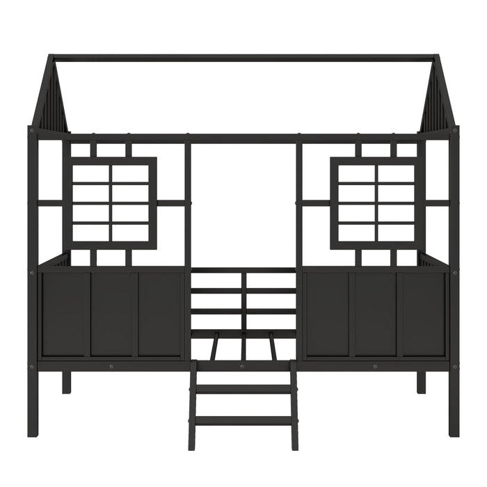 Twin Size Metal Low Loft House Bed with Roof and Two Front Windows , Black