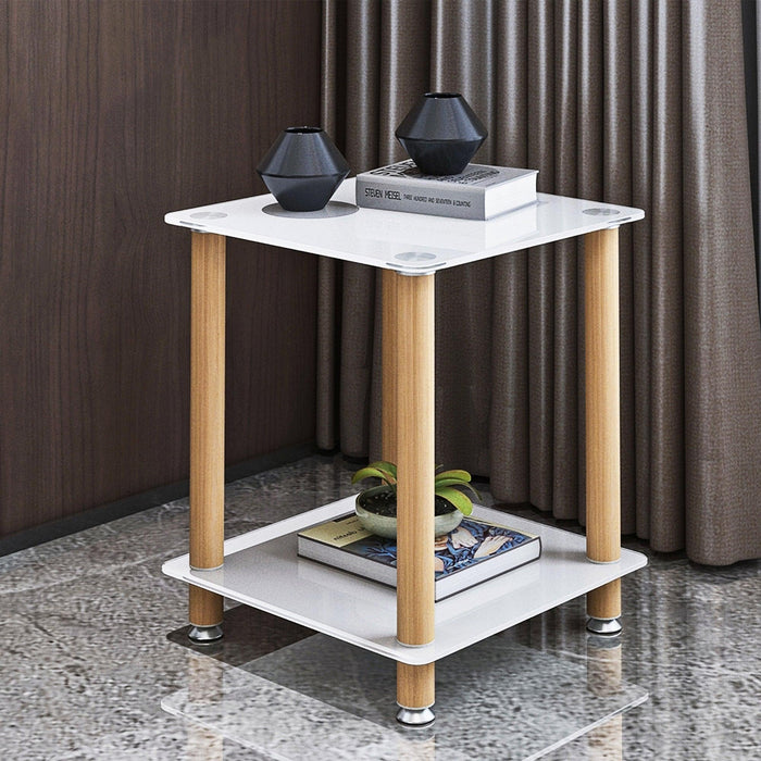 1-Piece White+Oak Side Table , 2-Tier Space End Table ,Modern Night Stand, Sofa table, Side Table withStorage Shelve