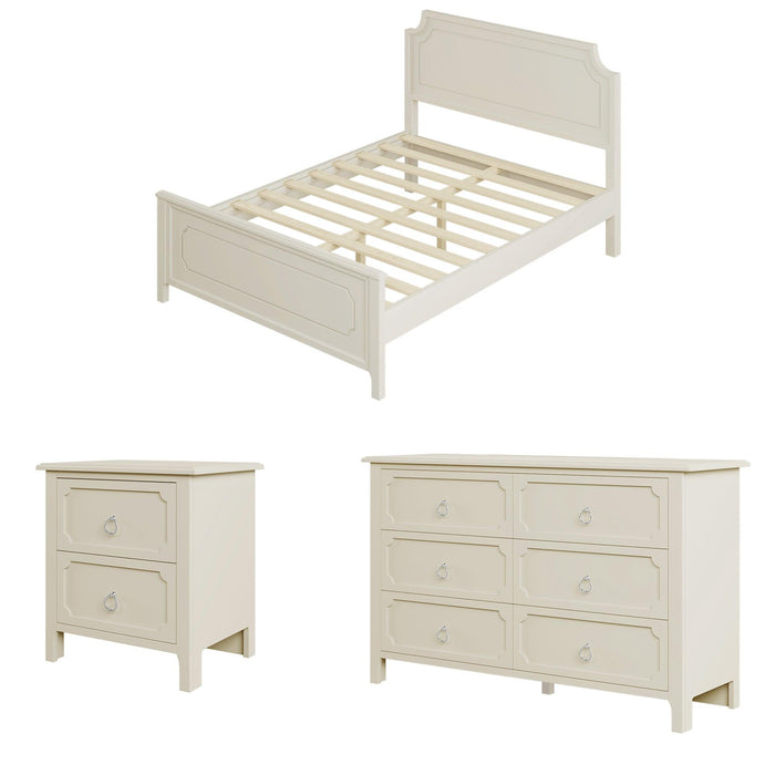 3 Pieces Bedroom Sets Milky White Solid Rubber Wood Queen Size Platform Bed with Nightstand and Dresser