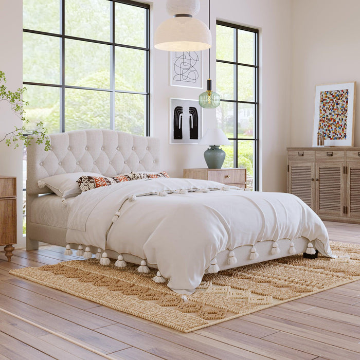 Upholstered Platform Bed with Saddle Curved Headboard and Diamond Tufted Details, Queen, Beige