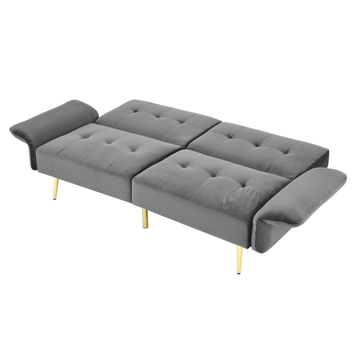 78" Italian Velvet Futon Sofa Bed, Convertible Sleeper Loveseat Couch with Folded Armrests andStorage Bags for Living Room and Small Space, Grey 280g velvet