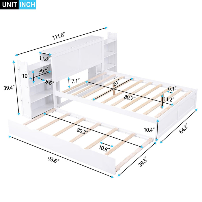 Queen SizeStorage Platform Bed with Pull Out Shelves and Twin Size Trundle, White