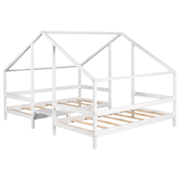 Double Twin Size Triangular House Beds with Built-in Table,White