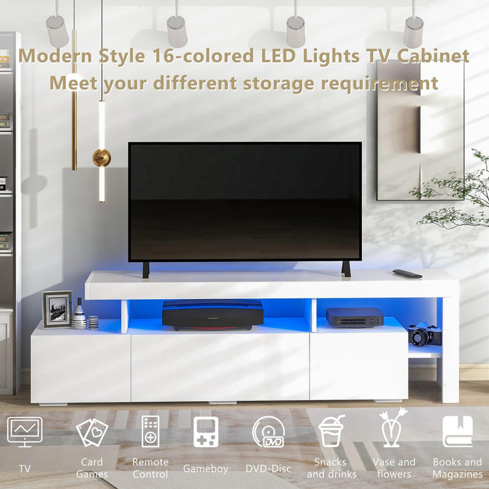 Modern Style 16-colored LED Lights TV Cabinet， UV High Gloss Surface Entertainment Center with DVD Shelf，Up to 70 inch TV, White