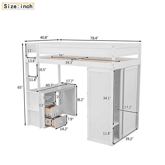 Wood Twin Size Loft Bed with Wardrobes and 2-Drawer Desk with Cabinet, White