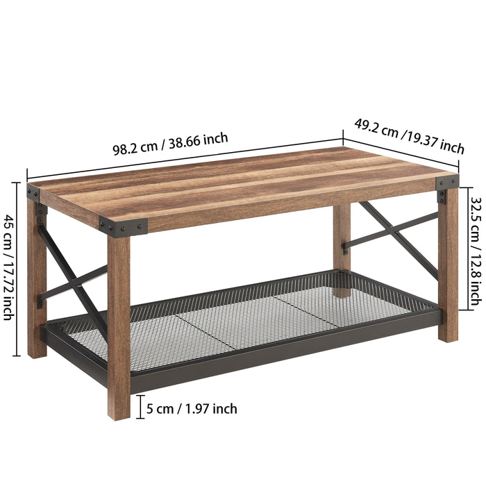 38.82" Farmhouse Coffee Table, 2-Tier Cocktail Table, Center Table with Mesh Shelf, Steel Frame, Corner Protection, Industrial Style, Long Table For Living Room, Brown