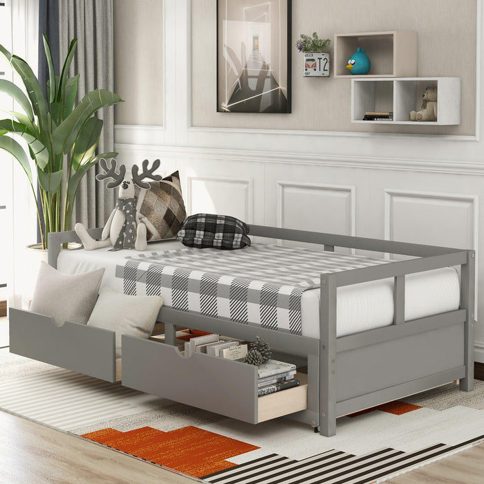 Wooden Daybed with Trundle Bed and TwoStorage Drawers , Extendable Bed Daybed,Sofa Bed for Bedroom Living Room, Gray