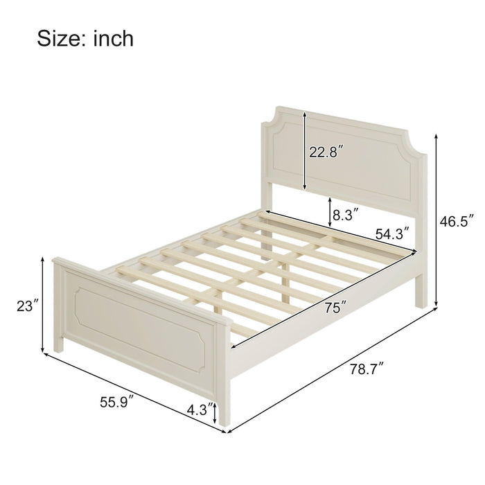 6 Pieces Bedroom Sets Milky White Solid Rubber Wood Full Size Platform Bed with Nightstand*2, Chest, Mirror and Dresser