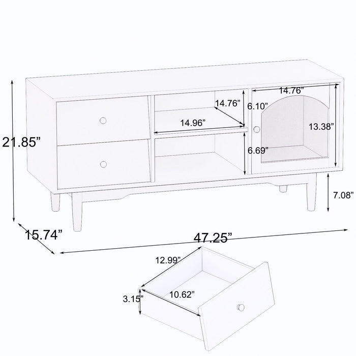 Living Room White TV Stand with Drawers and Open Shelves, A Cabinet with Glass Doors forStorage