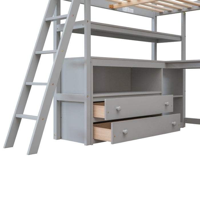 Full Size Loft Bed with Desk and Shelves,Two Built-in Drawers,Gray