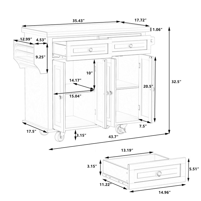 Kitchen Island Cart with TwoStorage Cabinets and Two Locking Wheels，43.31 Inch Width，4 Door Cabinet and Two Drawers，Spice Rack, Towel Rack （White）