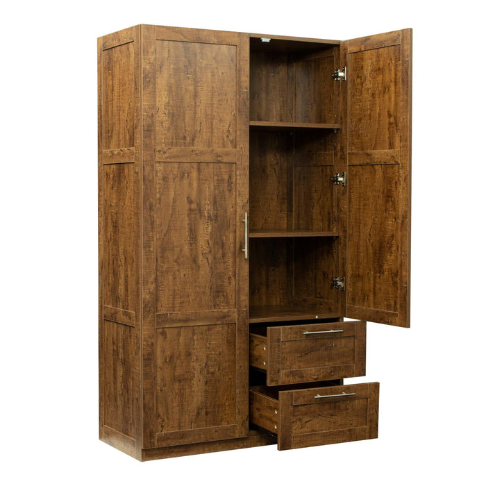 High wardrobe and kitchen cabinet with 2 doors, 2 drawers and 5Storage spaces,walnut