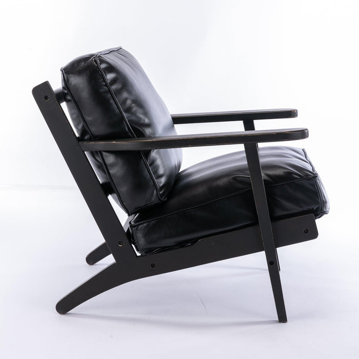 solid wood  black antique painting removable cushion arm chair, mid-century PU leather accent chair