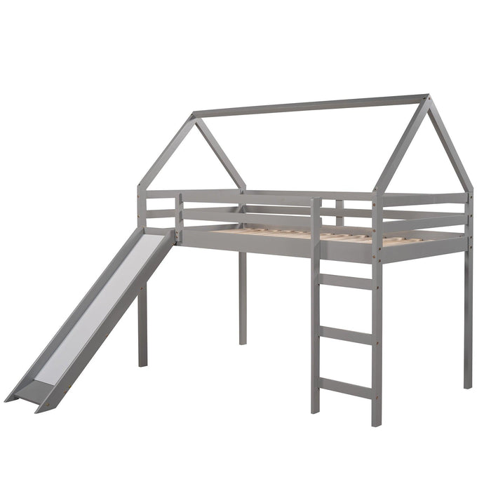 Twin Size Loft Bed with Slide, House Bed with Slide,Gray