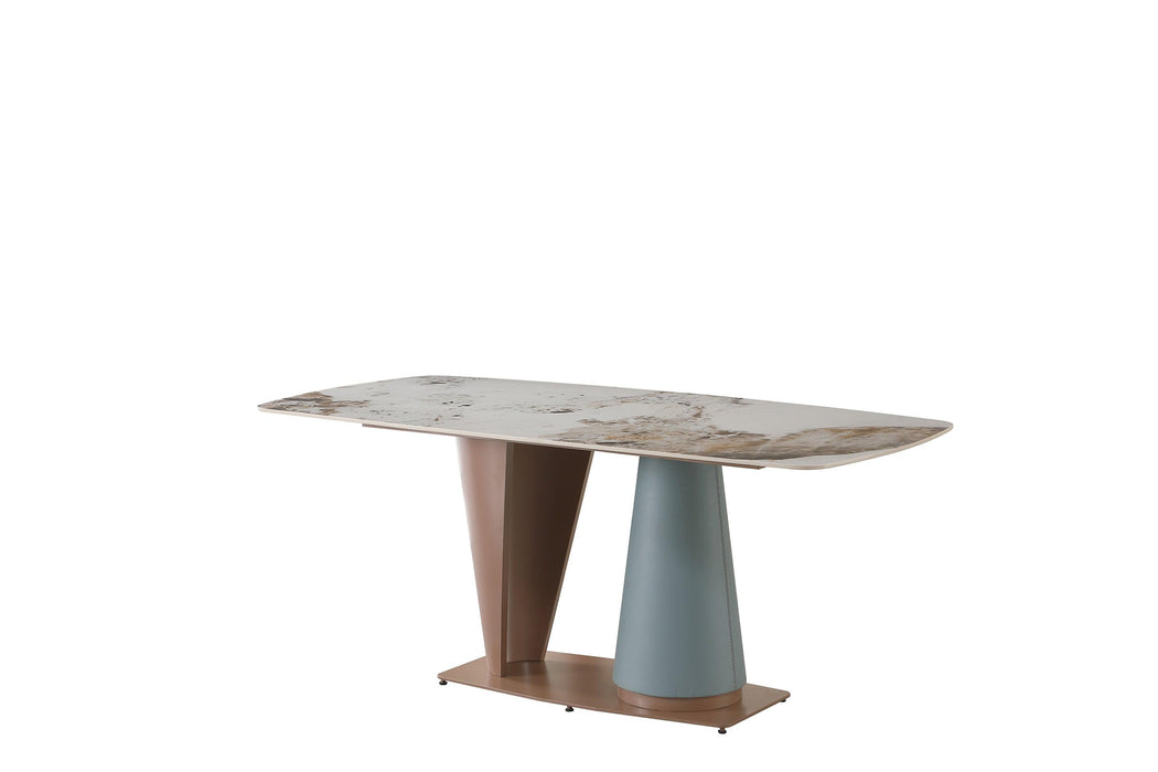 71"  Pandora color sintered stone dining table with cone shape  Pedestal Base in champagne and blue color