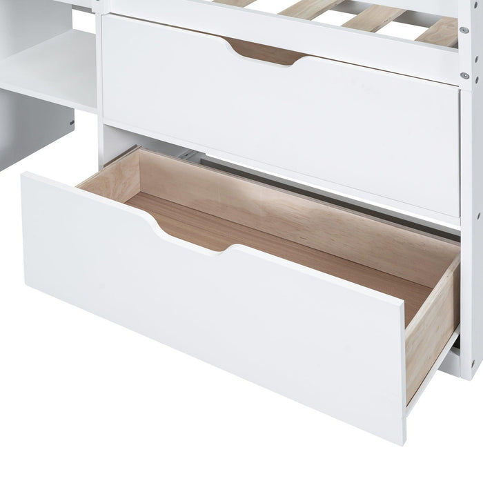 Twin Size Low Loft Bed with Rolling Desk, Shelf and Drawers - White