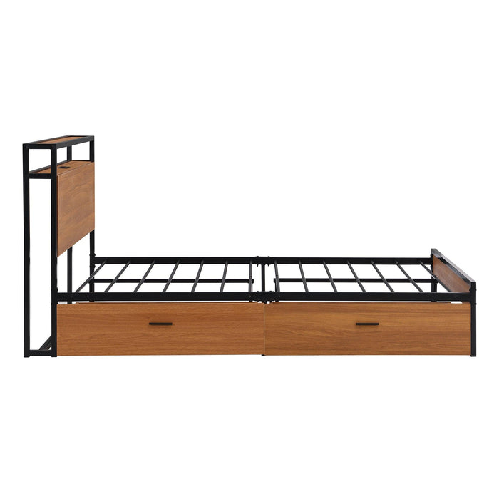 Full Size Metal Platform Bed Frame with  Two Drawers,Sockets and USB Ports ,Slat Support No Box Spring Needed Black