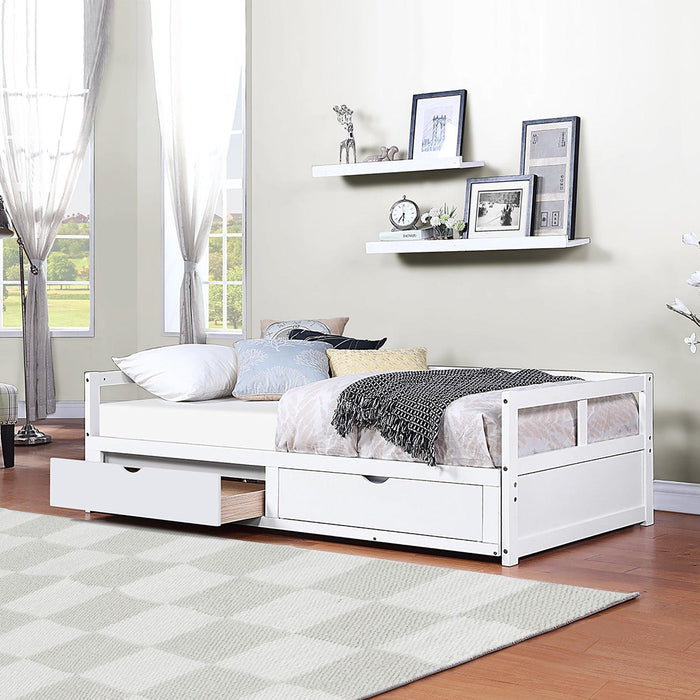 Wooden Daybed with Trundle Bed and TwoStorage Drawers , Extendable Bed Daybed,Sofa Bed for Bedroom Living Room,White