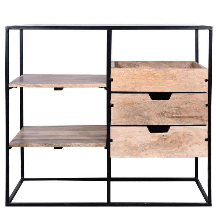 35 Inch HandcraftedModern Glass Table,Storage Shelves, 3 Drawers, Metal Frame, Natural Brown and Black