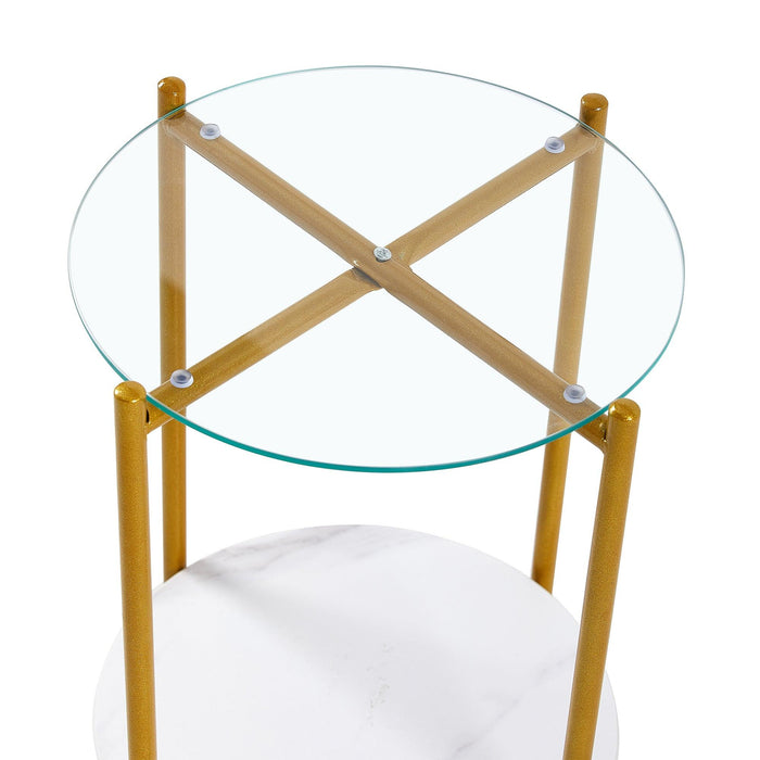 2-layer End Table with Tempered Glass and  Marble Tabletop, Round Coffee Table with Golden Metal Frame for Bedroom Living Room Office (1 piece)