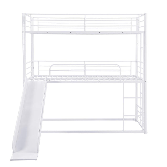 Twin Size Metal Bunk Bed with Ladders and Slide, Divided into Platform and Loft Bed, White