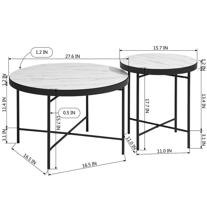 Set of 2 Round Side Table, Sofa End Table,Accent Table Round, Coffee Table Waterproof  for Living Room Bedroom, wood & marple